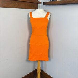 VTG Y2K Mini Dress Size 5/6 Bright Orange Knit Bodycon Square Neck